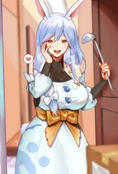 Rule 34 | 1girl, :d, absurdres, animal ears, black sleeves, blue hair, blurry, blurry background, bodysuit, bodysuit under clothes, braid, breasts, brown eyes, commentary, delivery, detached sleeves, dress, english commentary, hand on own cheek, hand on own face, heart, highres, holding, holding ladle, hololive, ladle, large breasts, long hair, looking at viewer, mature female, mixed-language commentary, open mouth, paid reward available, pekomama, pov doorway, rabbit ears, rabbit girl, single braid, sleeveless, sleeveless dress, smile, solo focus, spoken heart, virtual youtuber, white dress, yuthon
