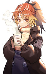 Rule 34 | 1girl, absurdres, arknights, bad id, bad pixiv id, black jacket, blonde hair, blue nails, buttons, commentary request, cup, dress, feather hair, gradient hair, highres, holding, holding cup, jacket, mole, mole under eye, multicolored hair, nail polish, orange eyes, orange hair, parted lips, pinafore dress, pinecone (arknights), ponytail, red nails, simple background, sleeveless dress, solo, steam, sweater, white background, zen.nico