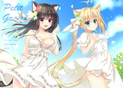 Rule 34 | 2girls, :d, ahoge, ameto yuki, animal ear fluff, animal ears, aqua eyes, bare shoulders, black hair, blonde hair, blue eyes, bow, breasts, bug, butterfly, cat ears, cat tail, cleavage, day, dress, flower, hair bow, hair flower, hair ornament, bug, large breasts, long hair, looking at viewer, multiple girls, no panties, open mouth, original, petals, puffy short sleeves, puffy sleeves, purple eyes, short sleeves, sky, smile, strap gap, sundress, tail, twintails, white dress, wind
