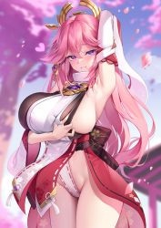 Rule 34 | 1girl, :3, arm behind head, armpits, arms up, blush, breasts, chinese commentary, closed mouth, commentary request, cowboy shot, day, detached sleeves, genshin impact, groin, hair between eyes, hand on own chest, hand up, heart, highres, huge breasts, japanese clothes, long hair, long sleeves, looking at viewer, meion, miko, naughty face, outdoors, petals, pink hair, purple eyes, revision, ribbon-trimmed sleeves, ribbon trim, sideboob, solo, standing, very long hair, wide sleeves, yae miko