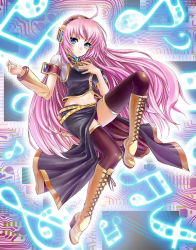 Rule 34 | belt, blue eyes, boots, detached sleeves, headset, knee boots, long hair, maruyama, megurine luka, midriff, musical note, pink hair, side slit, solo, thighhighs, very long hair, vocaloid