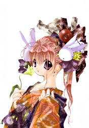 Rule 34 | 1girl, animal ears, earrings, flower, hair ornament, hair ribbon, highres, japanese clothes, jewelry, kimono, koge donbo, long hair, looking at viewer, misha, misha (pita ten), official art, pink hair, pita ten, purple eyes, rabbit ears, rabbit hair ornament, ribbon, scan, simple background, solo, white background