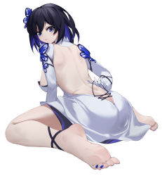 Rule 34 | 1girl, absurdres, ass, backless dress, backless outfit, blue eyes, blue flower, blue hair, blue nails, bob cut, breasts, butt crack, china dress, chinese clothes, closed mouth, dress, flower, full body, hair flower, hair ornament, highres, honkai (series), honkai impact 3rd, katachi noboru nishikino, long sleeves, looking at viewer, medium hair, nail polish, seele vollerei, seele vollerei (stygian nymph), sideboob, simple background, soles, solo, toenail polish, toenails, toes, white background, white dress