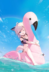 Rule 34 | 1girl, ;p, absurdres, ahoge, animal ears, ankle cuffs, arknights, bikini, black bikini, blue eyes, blue sky, commentary, extra ears, fox ears, fox girl, fox tail, hale (user tkwy8275), highres, inflatable flamingo, light brown hair, looking at viewer, material growth, official alternate costume, one eye closed, oripathy lesion (arknights), outdoors, short hair, sky, solo, sussurro (arknights), sussurro (summer flower) (arknights), swimsuit, tail, tongue, tongue out, water