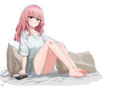 Rule 34 | 1girl, absurdres, barefoot, cellphone, feet, female focus, full body, highres, inui sajuna, long hair, looking at viewer, panties, pantyshot, phone, pink hair, shirt, simple background, smartphone, soles, solo, sono bisque doll wa koi wo suru, t-shirt, toes, underwear