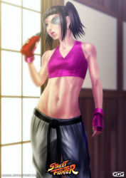 Rule 34 | 1girl, absurdres, alternate costume, alternate hairstyle, bottle, breasts, capcom, eyelashes, eyepatch, fingerless gloves, ggg (gonzalogallianoniz), gloves, han juri, highres, lips, nose, pants, parted lips, purple eyes, short twintails, small breasts, solo, sports bra, street fighter, toned, twintails, water bottle, windowsill