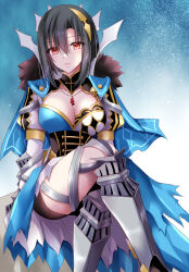 Rule 34 | 1girl, :|, asymmetrical bangs, asymmetrical clothes, black hair, breasts, cleavage, cleavage cutout, closed mouth, clothing cutout, crossed legs, expressionless, fire emblem, fire emblem engage, fur trim, hair between eyes, hair ornament, highres, jewelry, kirishima riona, large breasts, long sleeves, looking at viewer, necklace, nel (fire emblem), nintendo, red eyes, short hair, sitting, solo