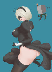 Rule 34 | 1girl, absurdres, android, ass, back cutout, backless dress, backless outfit, bad id, bad pixiv id, black dress, black footwear, black hairband, black thighhighs, blindfold, blush, boots, breasts, cleavage, cleavage cutout, clothing cutout, covered eyes, cowboy shot, dress, drone, from side, gloves, green background, hair over eyes, hairband, highres, ing yong heolp pwak, juliet sleeves, large breasts, leg up, leotard, lips, long sleeves, machinery, mole, mole under mouth, nier (series), nier:automata, open mouth, panties, pink lips, pod (nier:automata), puffy sleeves, robot, short hair, side slit, silver hair, simple background, solo, standing, standing on one leg, teeth, thigh boots, thighhighs, thong, thumbs up, turtleneck, underwear, vambraces, weapon, white leotard, white panties, 2b (nier:automata)