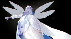 1boy black_background coat commentary facing_viewer fate/grand_order fate_(series) fingerless_gloves fur_coat gloves grey_hair insect_wings male_focus oberon_(fate) oberon_(second_ascension)_(fate) purple_gloves short_hair simple_background solo symbol-only_commentary thumbs_down upper_body wings yu_(yyy6_y1_yy7)