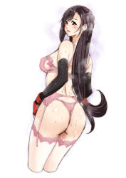 Rule 34 | 1girl, ass, back, black hair, blush, bra, breasts, brown eyes, commentary request, cowboy shot, cropped legs, earrings, elbow gloves, final fantasy, final fantasy vii, from behind, garter belt, gloves, highres, itachou, jewelry, lace, lace-trimmed legwear, lace bra, lace panties, lace trim, layered gloves, lingerie, long hair, looking at viewer, looking back, low-tied long hair, medium breasts, panties, parted lips, pink bra, pink garter belt, pink panties, pink thighhighs, red gloves, simple background, solo, standing, steam, stud earrings, swept bangs, thighhighs, thong, tifa lockhart, underwear, white background