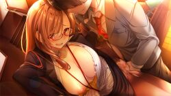 Rule 34 | 1girl, amou haruka, blush, bra, bra pull, breasts, brown hair, censored, clothes lift, clothes pull, embarrassed, game cg, gintarou (kurousagi108), glasses, imminent penetration, indoors, large breasts, legs, long hair, looking at viewer, lying, megasuki! ~kanojo to boku no megane jijou~amou haruka hen~, mosaic censoring, nipples, one breast out, open mouth, original, pantyhose, penis, pink eyes, pussy, school uniform, skirt, skirt lift, spread legs, table, thighs, torn clothes, torn pantyhose, underwear