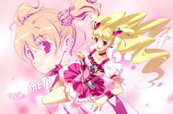 Rule 34 | 00s, 1girl, blonde hair, bow, copyright name, cure peach, fresh precure!, hair ornament, heart, heart hair ornament, long hair, magical girl, mashimaro, momozono love, multiple views, open mouth, pink bow, pink eyes, precure, smile, teeth, twintails