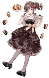 Rule 34 | 1girl, black dress, blueberry, blush, bow, bracelet, breasts, brown hair, cake, cake slice, chocolate, chocolate cake, collarbone, dot nose, dress, food, fork, frilled dress, frills, fruit, fruit tart, full body, grey pantyhose, hair ornament, hair ribbon, hairclip, hands up, high heels, highres, holding, holding fork, holding plate, idolmaster, idolmaster shiny colors, jewelry, large breasts, layered dress, long hair, looking at viewer, migolu, mint, necklace, one side up, orange (fruit), pantyhose, plate, red eyes, red ribbon, ribbon, see-through capelet, short sleeves, simple background, smile, solo, sonoda chiyoko, strawberry, tart (food), tongue, tongue out, waist bow, white background