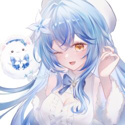 aoi_saki_(muajifox) beret blue_coat blue_hair coat dress flower fur-trimmed_coat fur_trim hair_flower hair_ornament hat hololive long_hair multicolored_hair one_eye_closed open_mouth smile solo streaked_hair virtual_youtuber white_dress white_hat yukihana_lamy yukihana_lamy_(1st_costume) yukimin_(yukihana_lamy)