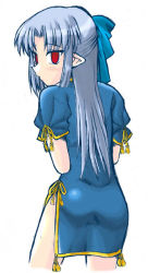 Rule 34 | 00s, 1girl, blue hair, blush, china dress, chinese clothes, dress, from behind, half updo, len (tsukihime), looking back, melty blood, pointy ears, red eyes, side slit, solo, tsukihime, type-moon