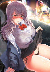 Rule 34 | 1girl, backlighting, black panties, black skirt, blazer, blue jacket, blush, bow, bowtie, bra, car interior, city, closed mouth, clothes lift, collared shirt, commentary request, highres, jacket, kawai (purplrpouni), lifting own clothes, long sleeves, looking at viewer, night, nose blush, open clothes, open jacket, original, panties, red bow, red bowtie, school uniform, see-through, shiny skin, shirt, side-tie panties, silver hair, skirt, skirt lift, smile, solo, thighs, underwear, white shirt, yellow eyes