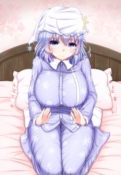 Rule 34 | 1girl, alternate costume, bad id, bad pixiv id, bed, blue eyes, blush, breasts, hat, highres, huge breasts, letty whiterock, light purple hair, looking at viewer, nightcap, pajamas, pillow, polearm, shiro oolong-cha, short hair, sitting, smile, snowflakes, solo, touhou, trident, wariza, weapon, white legwear