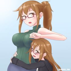 Rule 34 | 2girls, aged up, black serafuku, breasts, brown hair, commentary request, cypress, dual persona, glasses, gradient background, green background, green sweater, hug, hug from behind, kantai collection, large breasts, long hair, mochizuki (kancolle), multiple girls, open mouth, ponytail, red-framed eyewear, ribbed sweater, school uniform, semi-rimless eyewear, serafuku, simple background, sweater, time paradox, twitter username, under-rim eyewear, white neckwear