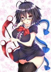 Rule 34 | 1girl, :o, adjusting hair, asymmetrical wings, bare arms, bespectacled, black-framed eyewear, black dress, black hair, black thighhighs, bow, bowtie, breast hold, breasts, commentary request, dress, glasses, highres, holding, houjuu nue, large breasts, looking at viewer, mutou mame, pointer, red bow, red bowtie, red eyes, short dress, short sleeves, solo, thighhighs, thighs, touhou, wings