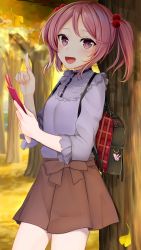 Rule 34 | 1girl, absurdres, against tree, alternate costume, autumn leaves, backpack, bag, blouse, brown skirt, cellphone, commentary request, cowboy shot, hair bobbles, hair ornament, highres, huge filesize, kantai collection, looking at viewer, open mouth, phone, pink eyes, pink hair, purple shirt, rabbit, sazanami (kancolle), shirt, short hair, skirt, smile, solo, tree, twintails, yunamaro