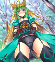 Rule 34 | 1girl, ahoge, animal ears, arm belt, atalanta (fate), bad id, bad pixiv id, black panties, black skirt, black thighhighs, blonde hair, blush, cameltoe, cat ears, cat tail, closed mouth, clothes lift, cowboy shot, day, fate/apocrypha, fate (series), flat chest, floating hair, forest, from above, garter straps, gauntlets, gradient hair, green eyes, green hair, leaf, lifted by self, long hair, looking at viewer, miniskirt, multicolored hair, nature, outdoors, overskirt, panties, pastel (medium), pleated skirt, print thighhighs, short sleeves, skirt, skirt lift, solo, standing, tail, thighhighs, underwear, very long hair, yuto takumi