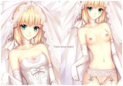 Rule 34 | 1girl, :&lt;, artoria pendragon (fate), blonde hair, breasts, bridal veil, collarbone, dress, elbow gloves, fate/stay night, fate (series), gloves, green eyes, lingerie, looking at viewer, midriff, navel, nipples, no bra, noodle-y, saber (fate), sleeveless, sleeveless dress, small breasts, smile, split screen, underwear, veil, white dress