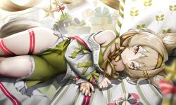 Rule 34 | 1girl, animal ears, arknights, bare shoulders, beanstalk (arknights), beanstalk (gift uncompleted) (arknights), braid, dress, green dress, green hairband, grey hair, hairband, highres, leg ribbon, long hair, long sleeves, lying, metal crab (arknights), nopetroto, off-shoulder sweater, off shoulder, official alternate costume, on back, red ribbon, ribbon, short dress, single braid, solo, sweater, tail, thigh ribbon, thighs