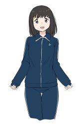 Rule 34 | 1girl, alternate costume, anchor print, arms at sides, black hair, blue jacket, blue pants, cowboy shot, fubuki (kancolle), hair down, jacket, kantai collection, medium hair, official alternate hairstyle, pants, smile, solo, tamu (mad works), thigh gap, track jacket, track pants, track suit