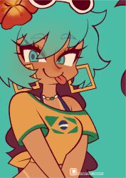 1girl absurdres bead_choker big_hair bikini bikini_under_clothes blue_eyes blue_hair borrowed_design brazil brazilian_flag brazilian_flag_print brazilian_miku crop_top cropped_shirt dark-skinned_female dark_skin earrings eyewear_on_head flower gold_earrings hair_flower hair_ornament hatsune_miku highres jewelry long_eyelashes long_hair looking_at_viewer noninoinnoni off_shoulder print_shirt rectangular_earrings red_flower shirt short_sleeves side-tie_shirt smile solo sunglasses swimsuit t-shirt tan tanline tanline_peek tongue tongue_out twintails upper_body v_arms vocaloid white-framed_eyewear yellow_shirt