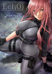 Rule 34 | 1girl, alternate costume, bad id, bad pixiv id, belt, blue eyes, bodysuit, covered navel, fingerless gloves, gloves, highres, holster, lips, masami chie, megurine luka, on one knee, pink hair, skin tight, solo, thigh holster, thigh strap, vocaloid