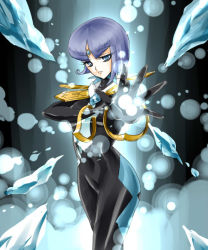 Rule 34 | 1girl, bishoujo senshi sailor moon, bishoujo senshi sailor moon another story, blue eyes, blue hair, bodysuit, expressionless, female focus, gloves, ice, ice projectile, looking at viewer, matching hair/eyes, nabu (sailor moon), outstretched hand, serious, shirataki kaiseki, short hair, solo