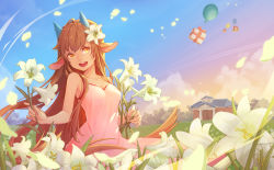 Rule 34 | 1girl, animal crossing, animal ears, balloon, breasts, brown hair, cleavage, cloud, dress, flower, gift, goat ears, goat horns, grass, hair flower, hair ornament, highres, horns, leaf, long hair, nintendo, open mouth, pashmina (animal crossing), personification, petals, puchu huang, sitting, sky, solo, teeth, tree, very long hair, yellow eyes
