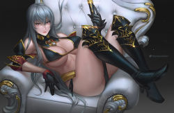 Rule 34 | 1girl, bad id, bad pixiv id, bare shoulders, bikini, black background, black bikini, black gloves, boots, breasts, chair, cleavage, detached collar, detached sleeves, gloves, hair between eyes, high heel boots, high heels, large breasts, long hair, looking at viewer, lying, military, military uniform, on back, orange eyes, parted lips, pink lips, selvaria bles, senjou no valkyria, senjou no valkyria (series), senjou no valkyria 1, sheath, sideboob, silver hair, sitting, sleeves rolled up, solo, swimsuit, thighs, underboob, unfairr, uniform