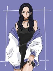 Rule 34 | 1girl, black dress, black hair, blue eyes, choker, commentary request, cowboy shot, dress, highres, inu draw, jacket, light smile, long hair, looking at viewer, nico robin, one piece, purple background, solo