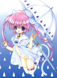Rule 34 | 1girl, absurdres, animal ears, bell, blue background, blue eyes, cat ears, cat tail, closed umbrella, collar, fake animal ears, full body, gradient background, highres, holding, holding umbrella, long hair, neck bell, no panties, pink hair, pussy, ramiya ryou, scan, see-through, smile, solo, tail, teruterubouzu, thigh strap, thighhighs, twintails, umbrella, very long hair, white thighhighs