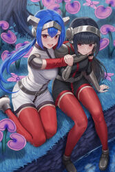 Rule 34 | 2girls, :d, armor, black hair, blue hair, crosscode, detached sleeves, grass, hair between eyes, headgear, highres, hug, jacket, lea (crosscode), long hair, multiple girls, open mouth, outdoors, ponytail, red eyes, red sleeves, red thighhighs, sakai shizuka (crosscode), scar, scar on face, shoes, shoulder armor, silvertsuki, smile, tagme, thighhighs, tree, water