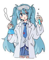 Rule 34 | 1girl, :o, @ @, alternate costume, blue eyes, blue hair, blue necktie, blue skirt, blush stickers, coat, collared shirt, cropped legs, erlenmeyer flask, eyewear on head, flask, grey shirt, hatsune miku, highres, holding, holding flask, holding test tube, lab coat, long hair, long sleeves, looking at viewer, necktie, open clothes, open coat, open mouth, pleated skirt, ra sii yo, safety glasses, shirt, simple background, skirt, smoke, solo, straight-on, test tube, tie clip, twintails, very long hair, vocaloid, white background