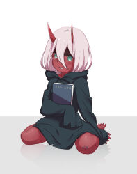 Rule 34 | 10s, 1girl, absurdres, aged down, aqua eyes, barefoot, black hoodie, blood, blue blood, blush, book, colored blood, colored skin, darling in the franxx, hair between eyes, highres, holding, hood, hoodie, horns, injury, long sleeves, looking at viewer, oversized clothes, pink hair, red skin, reflection, ringed eyes, scrape, scraped knee, sharp teeth, simple background, sitting, sleeves past wrists, solo, spoilers, tearing up, teeth, torn clothes, wariza, white background, yurix, zero two (darling in the franxx)