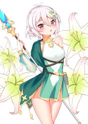 Rule 34 | 1girl, :o, absurdres, antenna hair, bad id, bad pixiv id, bare shoulders, blush, breasts, catnnn, commentary request, dress, flower, hair between eyes, hair flower, hair ornament, highres, holding, holding polearm, holding spear, holding staff, holding weapon, kokkoro (princess connect!), looking at viewer, medium breasts, pointy ears, polearm, princess connect!, red eyes, see-through, see-through sleeves, short hair, silver hair, simple background, solo, spear, staff, weapon, white background, white flower