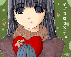 Rule 34 | 1girl, artist name, black eyes, black hair, gift, gloves, harapeko (fry-pan), heart, holding, holding gift, lipstick, long hair, lowres, makeup, oekaki, original, own hands together, scarf, signature, simple background, smile, solo, sweater, translation request, valentine