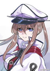 Rule 34 | 1girl, artist name, blonde hair, capelet, cross, graf zeppelin (kancolle), hair between eyes, hat, iron cross, kantai collection, looking at viewer, military, military uniform, mogamiya honu, necktie, peaked cap, purple eyes, sidelocks, simple background, smile, solo, twintails, uniform, upper body, white background