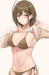 Rule 34 | 1girl, ahoge, armpits, beige shirt, bikini, bikini under clothes, blush, breasts, brown hair, cleavage, clothes lift, highres, himoshuuryou, huge ahoge, idolmaster, idolmaster shiny colors, kuwayama chiyuki, large breasts, lifting own clothes, light smile, looking at viewer, midriff, navel, shirt lift, side-tie bikini bottom, simple background, skindentation, solo, stomach, swimsuit, white background