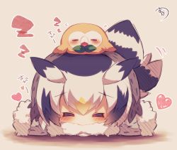 Rule 34 | 10s, 1girl, = =, bird, bird tail, black hair, blush, chibi, closed eyes, coat, covered mouth, creatures (company), facing viewer, fur-trimmed sleeves, fur collar, fur trim, game freak, gen 7 pokemon, grey coat, head wings, heart, highres, kemono friends, long sleeves, lying, multicolored hair, muuran, nintendo, northern white-faced owl (kemono friends), on head, on stomach, open mouth, orange hair, outstretched arms, owl, pokemon, pokemon (creature), pokemon on head, rowlet, signature, silver hair, sleeping, spread arms, tail, trait connection, wings, zzz