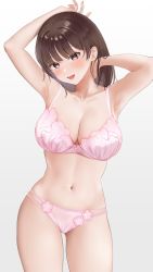 Rule 34 | 1girl, :d, armpits, arms up, bare shoulders, blush, bra, breasts, brown hair, cleavage, collarbone, cowboy shot, gradient background, grey background, highres, kayanomomo, lace, lace-trimmed bra, lace-trimmed panties, lace trim, large breasts, long hair, looking at viewer, mole, mole on stomach, navel, open mouth, original, panties, pink bra, pink panties, purple eyes, simple background, smile, solo, standing, stomach, swept bangs, thighs, underwear, underwear only, white background