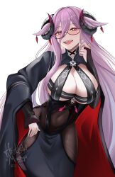 Rule 34 | 1girl, absurdres, azur lane, black-framed eyewear, black horns, bodystocking, breasts, covered navel, curled horns, friedrich carl (azur lane), highres, hollow mimikyu, horns, huge breasts, instagram username, long bangs, long hair, long sleeves, mature female, mole, mole under mouth, open mouth, purple eyes, purple hair, semi-rimless eyewear, signature, simple background, smile, solo, twitter username, very long hair, white background