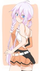 Rule 34 | 1girl, ahoge, backless dress, backless outfit, black dress, blue eyes, blush, braid, cevio, commentary, cosplay, cowboy shot, dress, elbow gloves, embarrassed, from behind, furrowed brow, gloves, hair ornament, hair scrunchie, highres, ia (vocaloid), leg tattoo, light frown, long hair, looking at viewer, one (cevio), one (cevio) (cosplay), orange dress, pink hair, sarashi, scrunchie, sena kizahashi, single elbow glove, solo, tattoo, twin braids, two-tone dress, very long hair, vocaloid