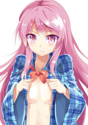 Rule 34 | 1girl, blue shirt, blush, bow, bowtie, breasts, breasts apart, closed mouth, collarbone, collared shirt, e.o., hata no kokoro, highres, long hair, looking at viewer, no bra, open clothes, open shirt, pink eyes, pink hair, plaid, plaid shirt, red bow, red bowtie, shirt, simple background, small breasts, solo, touhou, tsurime, undressing, upper body, very long hair, white background, wide sleeves