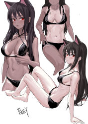 Rule 34 | 1girl, animal ears, artist name, bare arms, bare legs, bare shoulders, barefoot, bikini, black bikini, black hair, blush, breasts, cat ears, collarbone, commentary request, criss-cross halter, fkey, full body, halterneck, head out of frame, highres, large breasts, leaning back, looking at viewer, multiple views, navel, open mouth, original, red eyes, sidelocks, simple background, sitting, swimsuit, tan, tanline, white background
