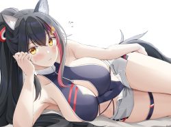 Rule 34 | 1girl, animal ears, black hair, blue one-piece swimsuit, blush, breasts, cleavage, closed mouth, covered navel, grey shorts, hair ornament, highres, hololive, keenh, large breasts, long hair, looking at viewer, lying, multicolored hair, on side, one-piece swimsuit, ookami mio, pink hair, ponytail, short shorts, shorts, sideboob, simple background, solo, streaked hair, swimsuit, tail, thigh strap, thighs, virtual youtuber, white background, yellow eyes