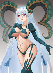 Rule 34 | + +, 1girl, :o, abeen jhong, asymmetrical legwear, bikini, blue bikini, blue gloves, blue hair, blue thighhighs, braid, breasts, cleavage, commentary request, curled horns, dragon girl, elbow gloves, fate (series), gloves, hair between eyes, hand on own chest, highres, horns, large breasts, long bangs, long braid, long hair, mixed-language commentary, pink eyes, pointy ears, pubic tattoo, short eyebrows, side braids, solo, striped clothes, striped gloves, swimsuit, symbol-shaped pupils, tassel, tattoo, thighhighs, tiamat (fate), uneven legwear, vertical-striped clothes, vertical-striped gloves, very long hair